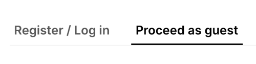 A text button that says "register / login" and another button that says "proceed as guest"
